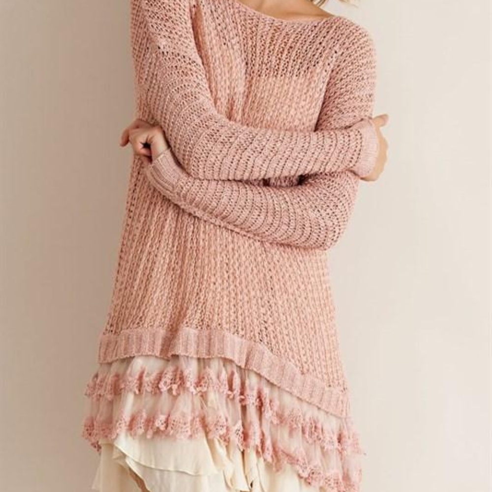 ENTRO Waffle Knit Lace & Ruffle Sweater Tunic Med